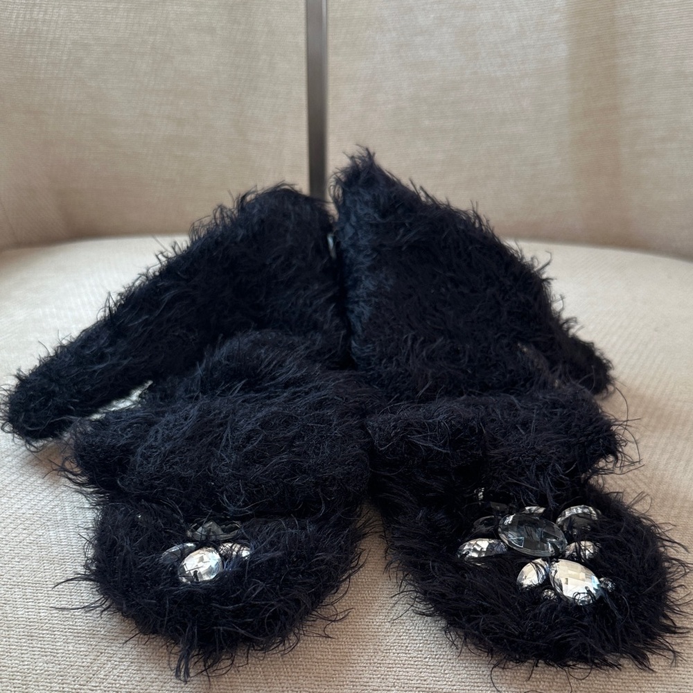 Betsy Johnson Black Fuzzy Gloves with Gem Accents. One Size
